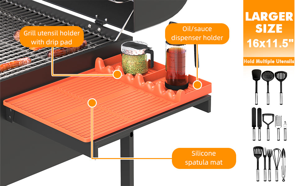 Grey Griddle Mat Compatible with Blackstone, Silicone Grill Tools Mat with Drip Pad, Spatula Mat for Outdoor Grill, Side Shelf Mat Grill Pad (Orange/Grey)