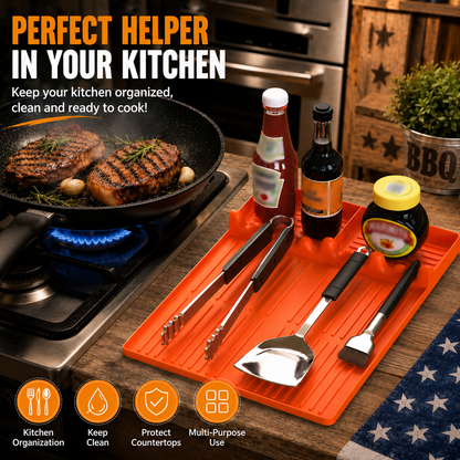Orange Griddle Mat Compatible with Blackstone, Silicone Grill Tools Mat with Drip Pad, Spatula Mat for Outdoor Grill, Side Shelf Mat Grill Pad (Orange/Grey)