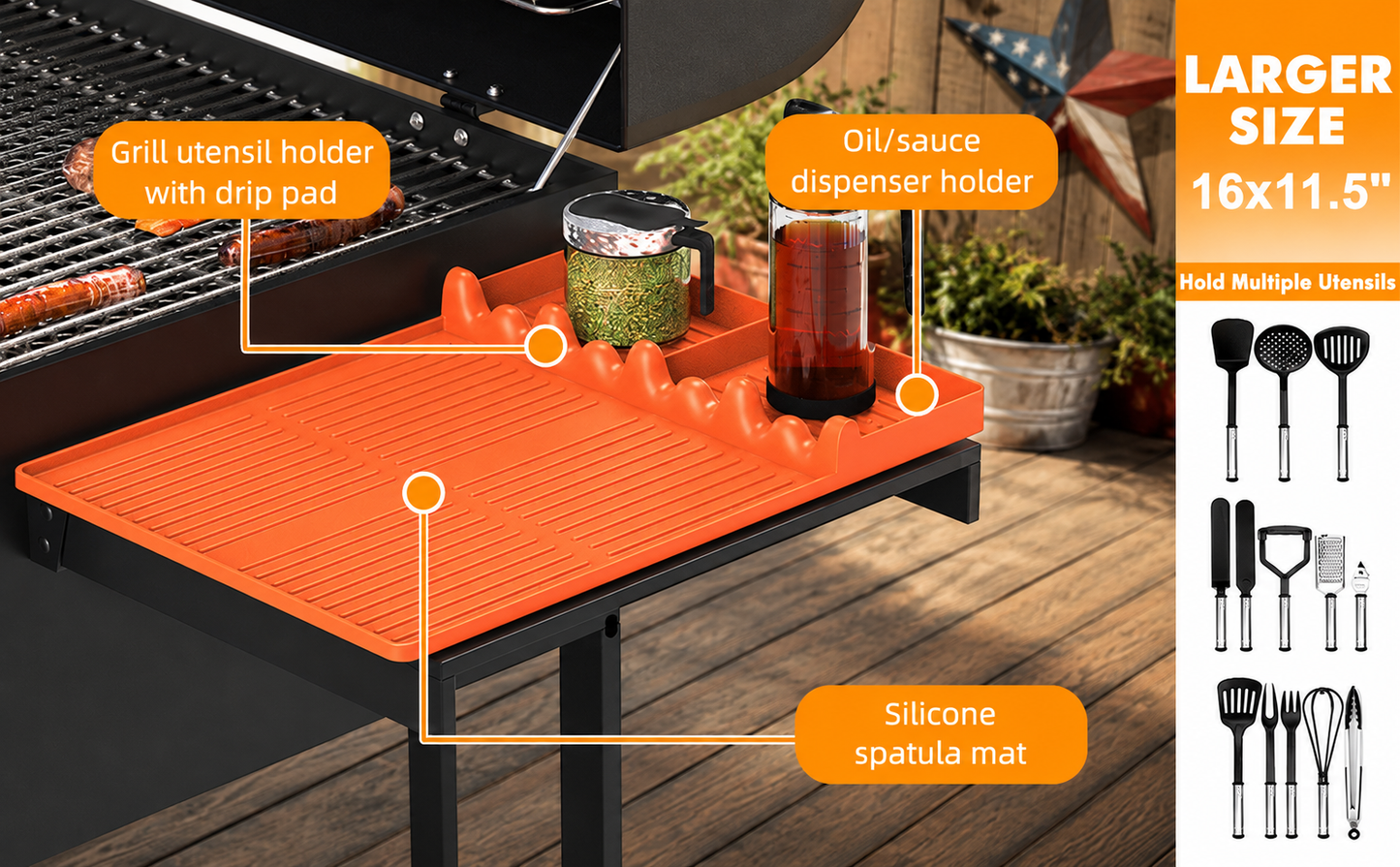 Orange Griddle Mat Compatible with Blackstone, Silicone Grill Tools Mat with Drip Pad, Spatula Mat for Outdoor Grill, Side Shelf Mat Grill Pad (Orange/Grey)