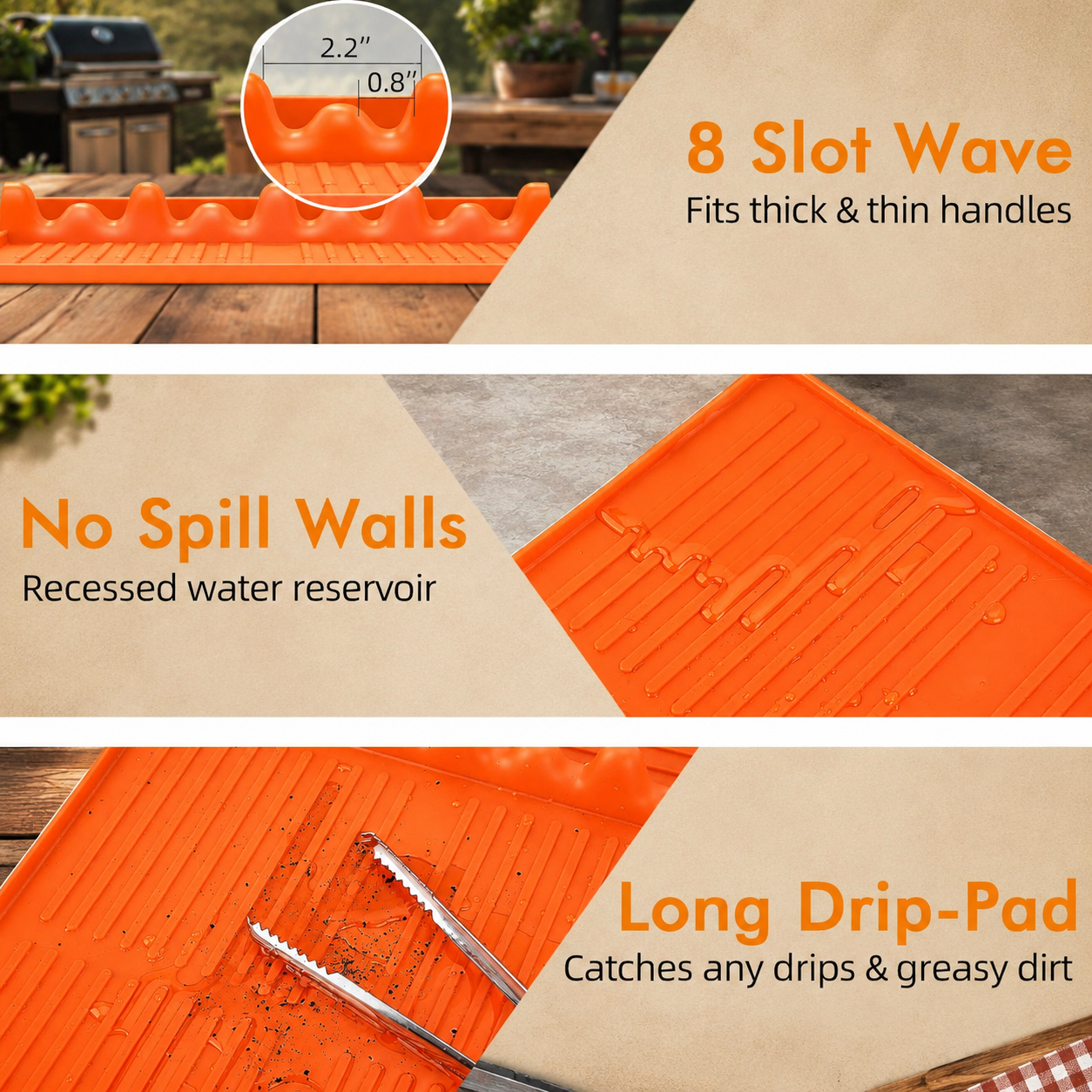 Orange Griddle Mat Compatible with Blackstone, Silicone Grill Tools Mat with Drip Pad, Spatula Mat for Outdoor Grill, Side Shelf Mat Grill Pad (Orange/Grey)
