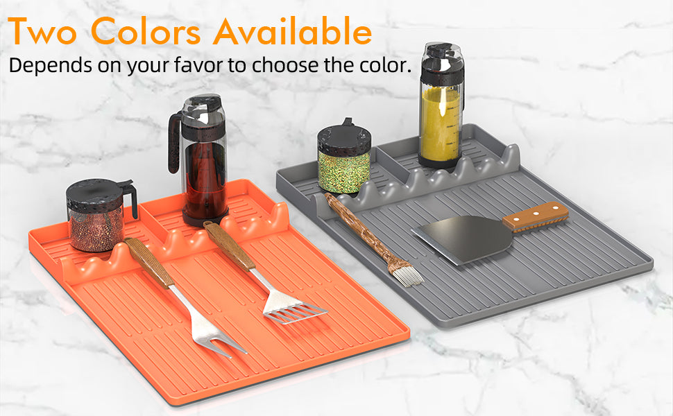 Grey Griddle Mat Compatible with Blackstone, Silicone Grill Tools Mat with Drip Pad, Spatula Mat for Outdoor Grill, Side Shelf Mat Grill Pad (Orange/Grey)