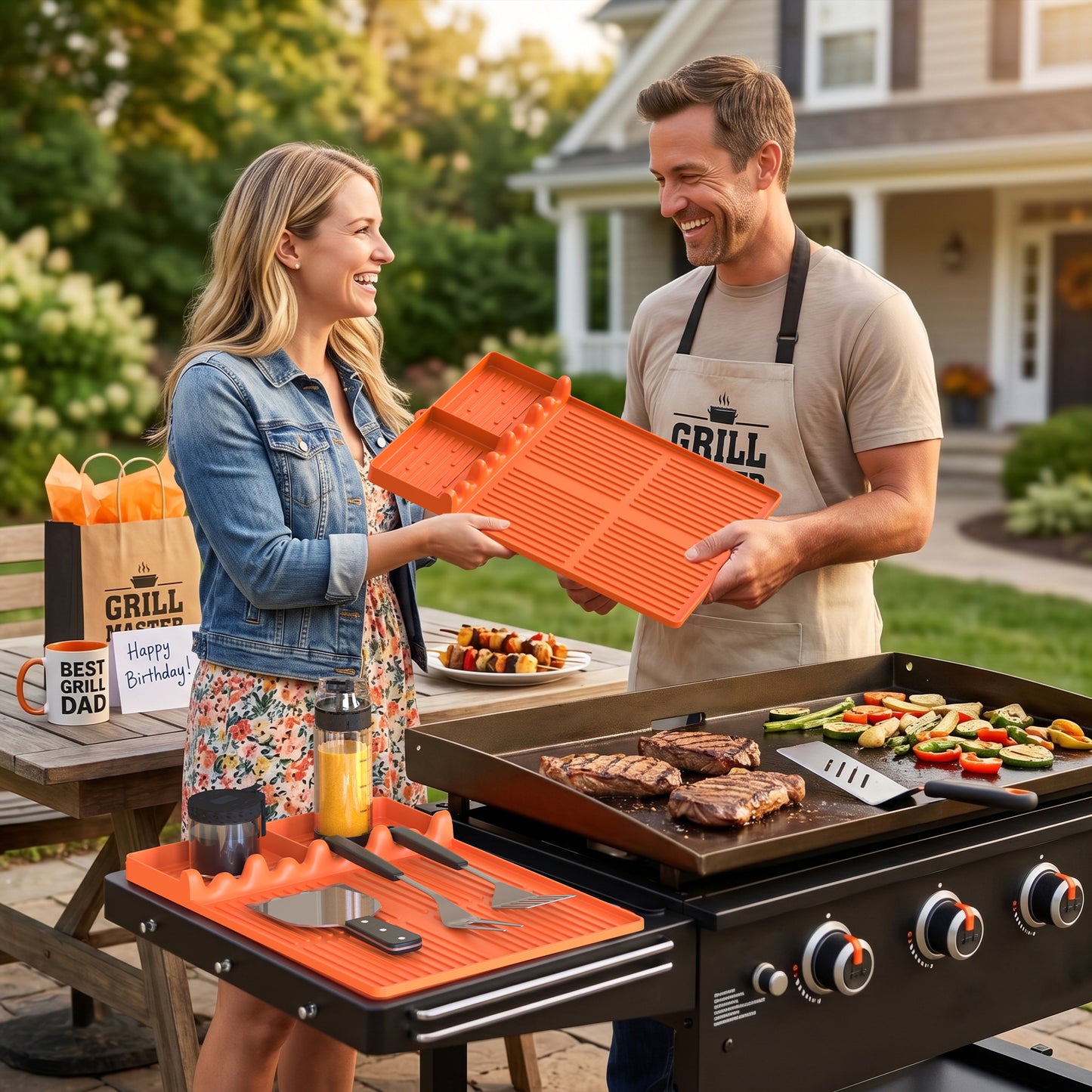 Griddle Mat Compatible with Blackstone, Silicone Grill Tools Mat with Drip Pad, Spatula Mat for Outdoor Grill, Side Shelf Mat Grill Pad (Orange/Grey)