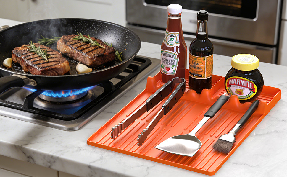 Grey Griddle Mat Compatible with Blackstone, Silicone Grill Tools Mat with Drip Pad, Spatula Mat for Outdoor Grill, Side Shelf Mat Grill Pad (Orange/Grey)