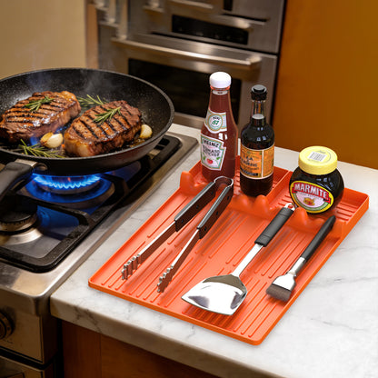 Griddle Mat Compatible with Blackstone, Silicone Grill Tools Mat with Drip Pad, Spatula Mat for Outdoor Grill, Side Shelf Mat Grill Pad (Orange/Grey)