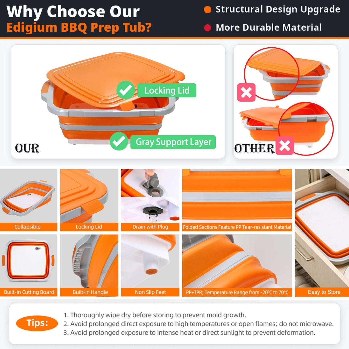 8/16/30L Collapsible BBQ Prep Tub with Locking Lid & Cutting Board - Marinade Container Grill Carry System for RV Picnic Tailgate - Portable Wash Basin for Kitchen Camping Sink - Gift for Men Women